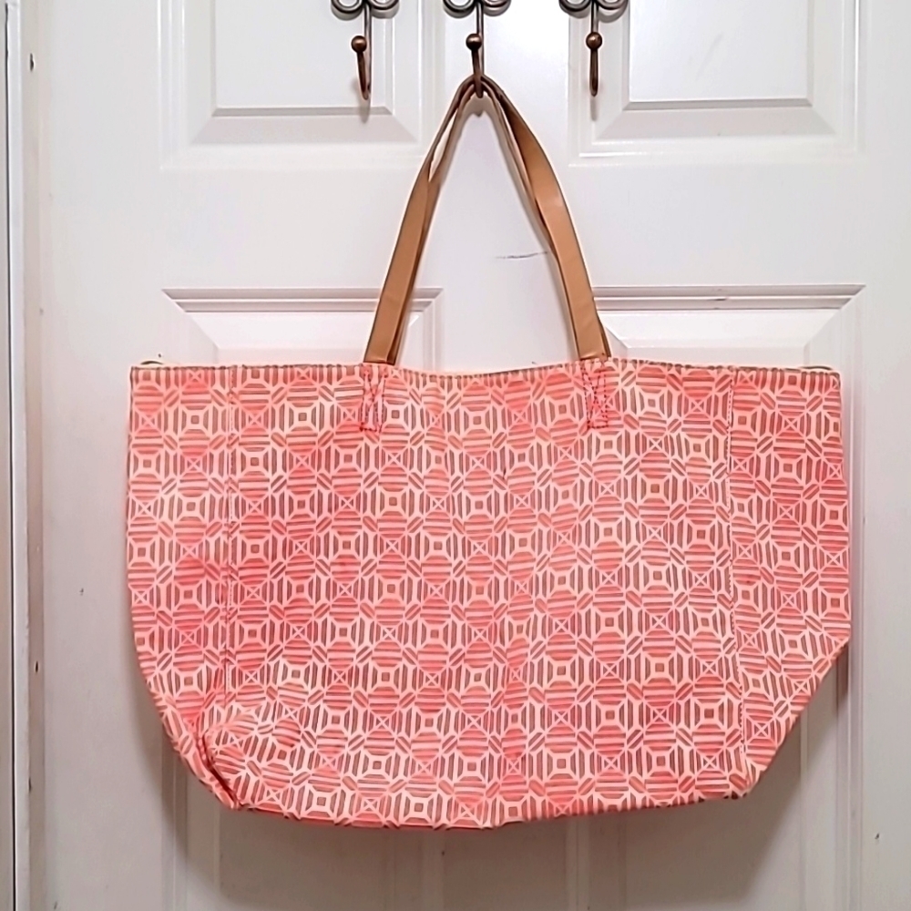 Gap Tote Bag Women Large Coral‎ Pink Geometric Canvas Beach Carryall Bag